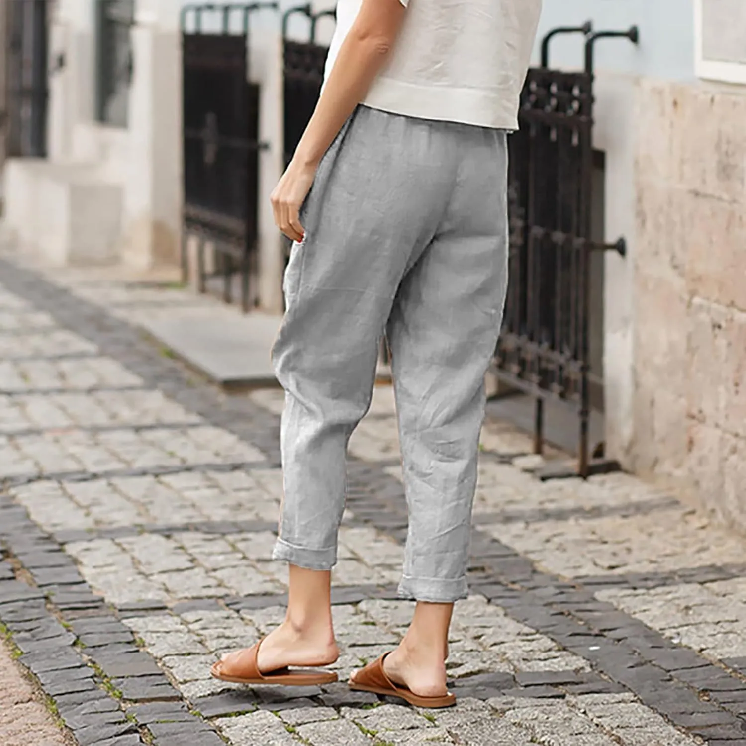 Women's Fashion Cotton Linen Trousers-Fashion Casual Elastic Slim Nine-Quarter Pants Sports Basic Straight Pants with Pockets