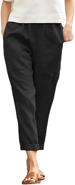Women's Fashion Cotton Linen Trousers-Fashion Casual Elastic Slim Nine-Quarter Pants Sports Basic Straight Pants with Pockets