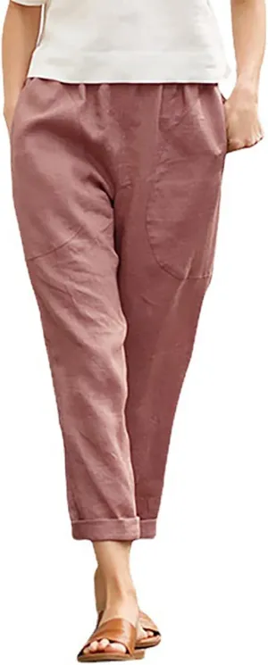 Women's Fashion Cotton Linen Trousers-Fashion Casual Elastic Slim Nine-Quarter Pants Sports Basic Straight Pants with Pockets