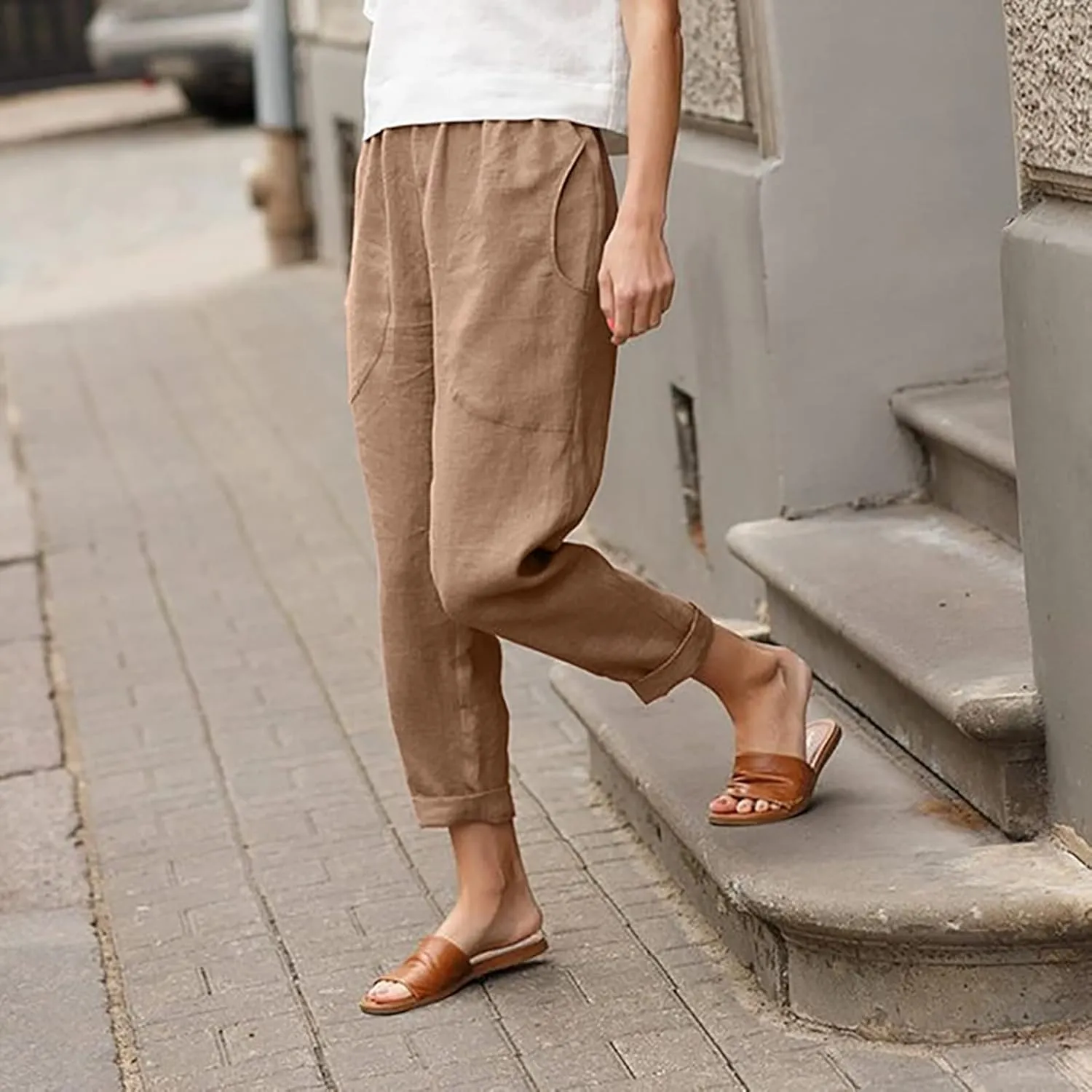 Women's Fashion Cotton Linen Trousers-Fashion Casual Elastic Slim Nine-Quarter Pants Sports Basic Straight Pants with Pockets
