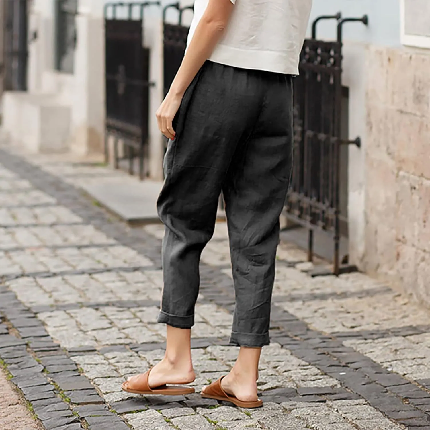 Women's Fashion Cotton Linen Trousers-Fashion Casual Elastic Slim Nine-Quarter Pants Sports Basic Straight Pants with Pockets