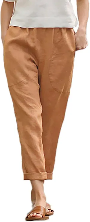 Women's Fashion Cotton Linen Trousers-Fashion Casual Elastic Slim Nine-Quarter Pants Sports Basic Straight Pants with Pockets