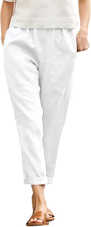 Women's Fashion Cotton Linen Trousers-Fashion Casual Elastic Slim Nine-Quarter Pants Sports Basic Straight Pants with Pockets