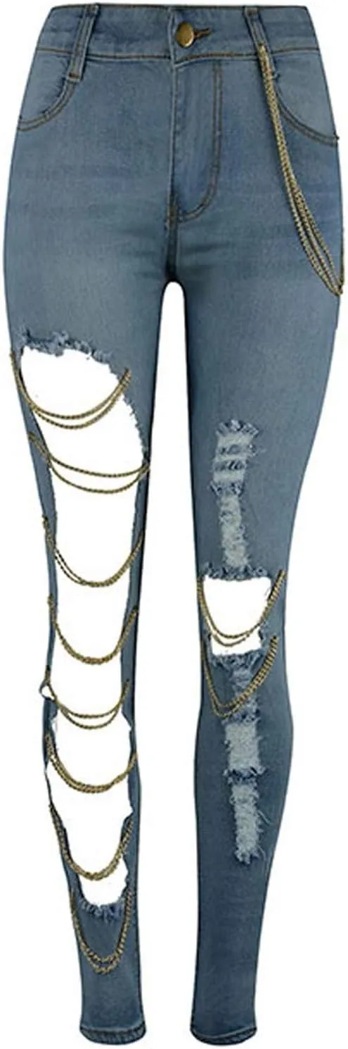 Womens Fashion Skinny Jeans High Waist Ripped Baggy Jeans Holes Distressed Plus Size Sexy Boyfriend Chain Pendant Stretchy (Light Blue Large)
