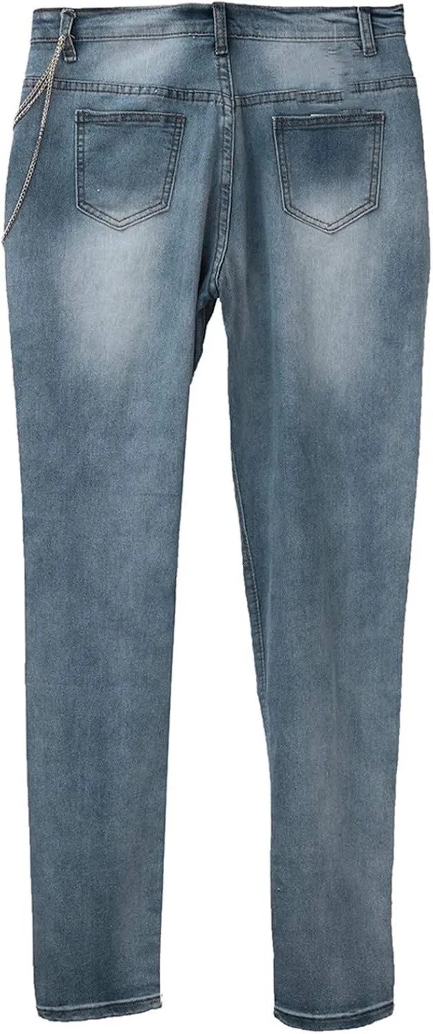 Womens Fashion Skinny Jeans High Waist Ripped Baggy Jeans Holes Distressed Plus Size Sexy Boyfriend Chain Pendant Stretchy (Light Blue Large)