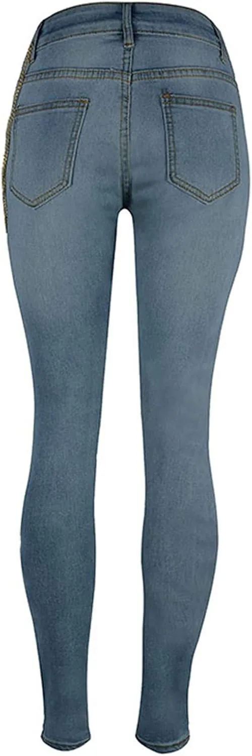 Womens Fashion Skinny Jeans High Waist Ripped Baggy Jeans Holes Distressed Plus Size Sexy Boyfriend Chain Pendant Stretchy (Light Blue Large)
