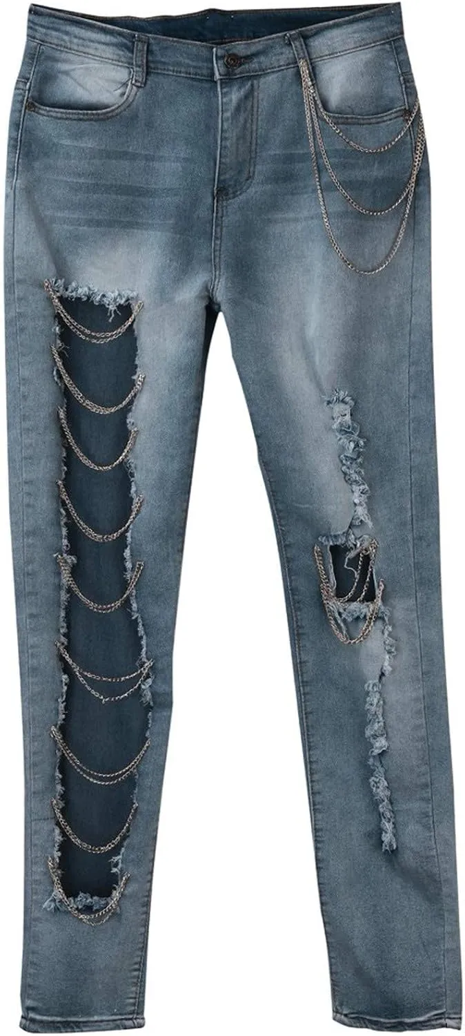 Womens Fashion Skinny Jeans High Waist Ripped Baggy Jeans Holes Distressed Plus Size Sexy Boyfriend Chain Pendant Stretchy (Light Blue Large)