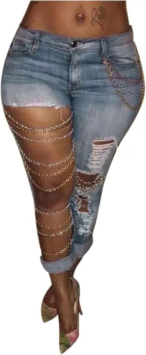 Womens Fashion Skinny Jeans High Waist Ripped Baggy Jeans Holes Distressed Plus Size Sexy Boyfriend Chain Pendant Stretchy (Light Blue Large)