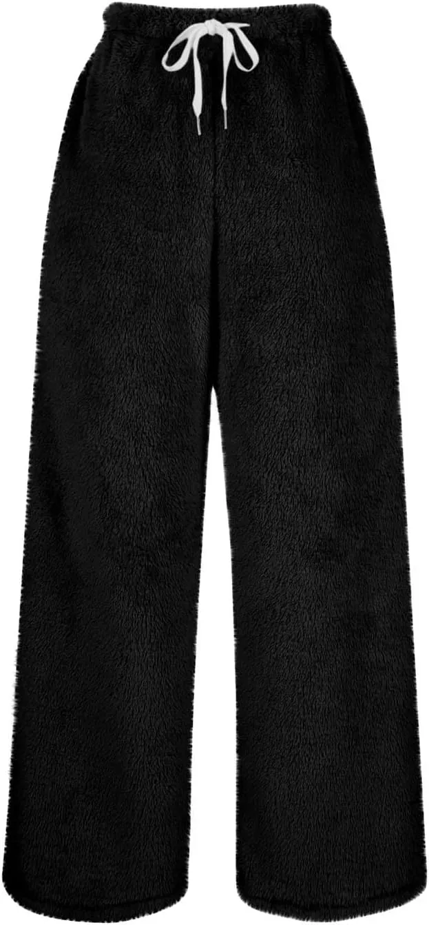 Women's Fleece Lined Wide Leg Pants with Pockets 2024 Loose Baggy Lounge Pants Fall Winter Pants