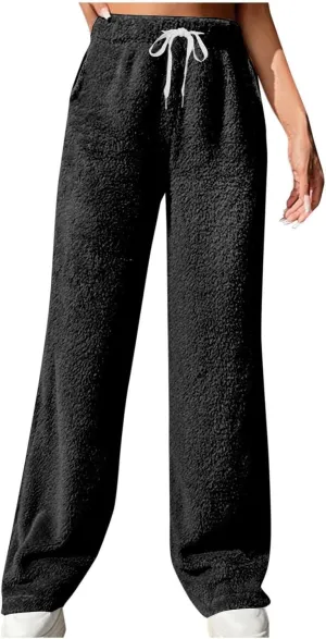 Women's Fleece Lined Wide Leg Pants with Pockets 2024 Loose Baggy Lounge Pants Fall Winter Pants