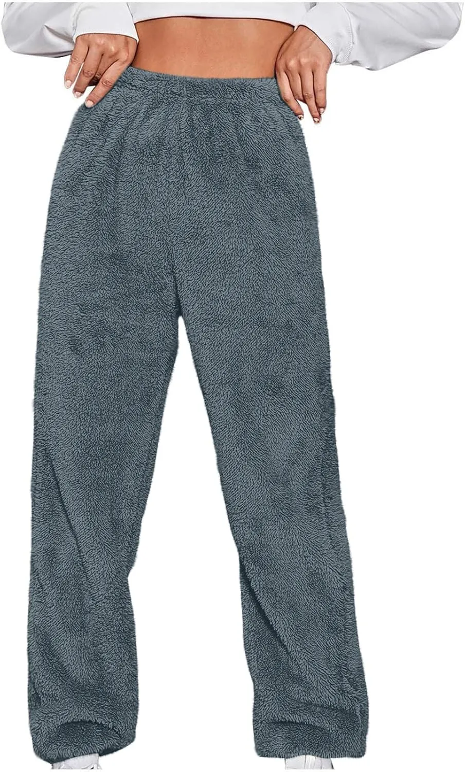 Womens High Waist Pants Fuzzy Fleece Pajama Pants Casual Solid Color Long Pants Lounge Sleepwear Warm Pajama Pants