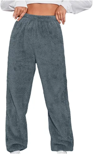 Womens High Waist Pants Fuzzy Fleece Pajama Pants Casual Solid Color Long Pants Lounge Sleepwear Warm Pajama Pants