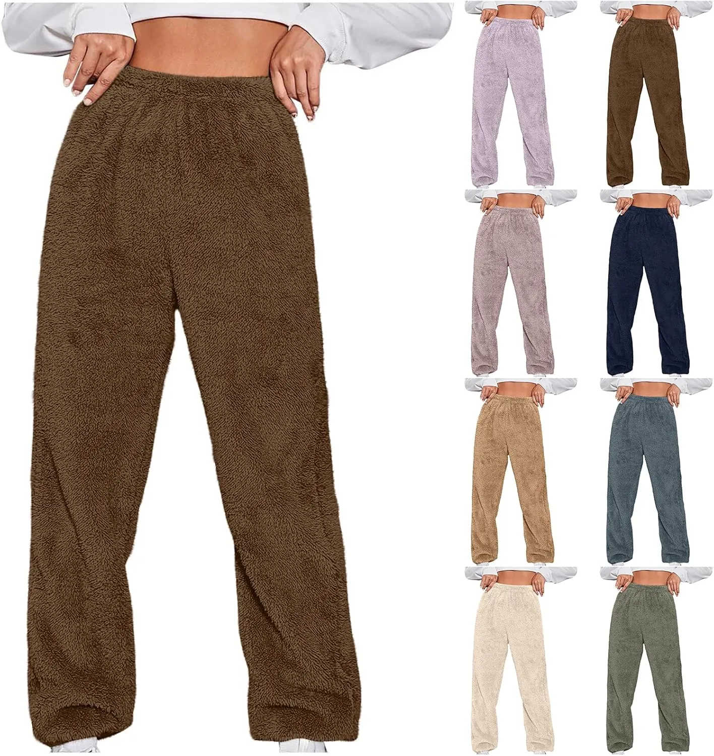Womens High Waist Pants Fuzzy Fleece Pajama Pants Casual Solid Color Long Pants Lounge Sleepwear Warm Pajama Pants