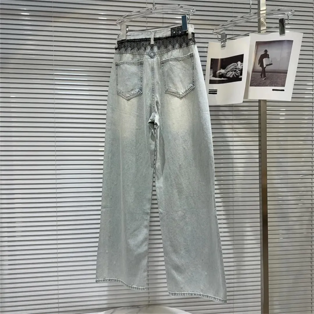Women's Jeans Black Crystal Design Straight Wide Leg Causal Washed Denim Light Blue Pants
