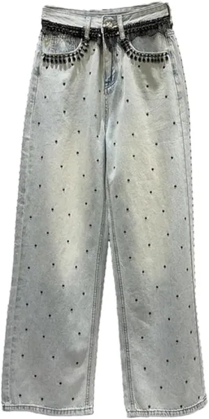 Women's Jeans Black Crystal Design Straight Wide Leg Causal Washed Denim Light Blue Pants