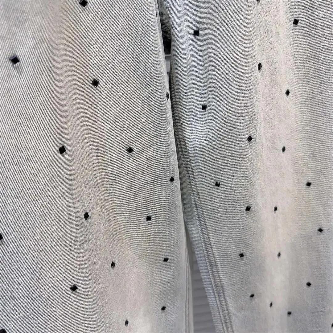 Women's Jeans Black Crystal Design Straight Wide Leg Causal Washed Denim Light Blue Pants