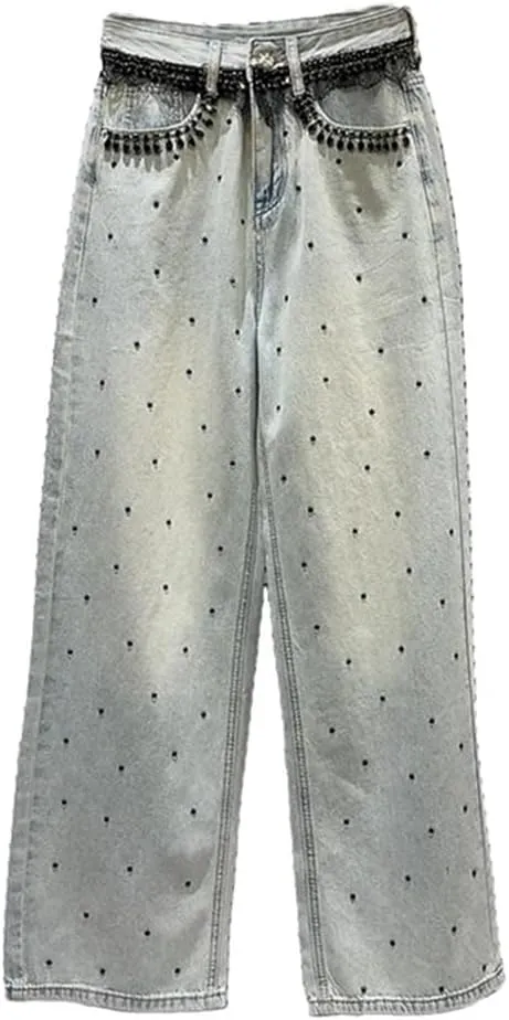 Women's Jeans Black Crystal Design Straight Wide Leg Causal Washed Denim Light Blue Pants