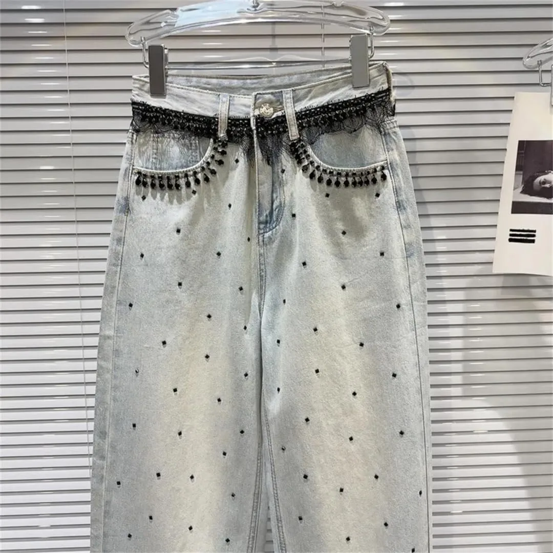 Women's Jeans Black Crystal Design Straight Wide Leg Causal Washed Denim Light Blue Pants