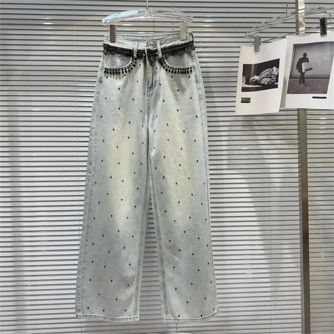 Women's Jeans Black Crystal Design Straight Wide Leg Causal Washed Denim Light Blue Pants
