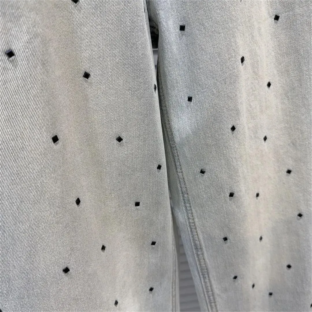 Women's Jeans Black Crystal Design Straight Wide Leg Causal Washed Denim Light Blue Pants