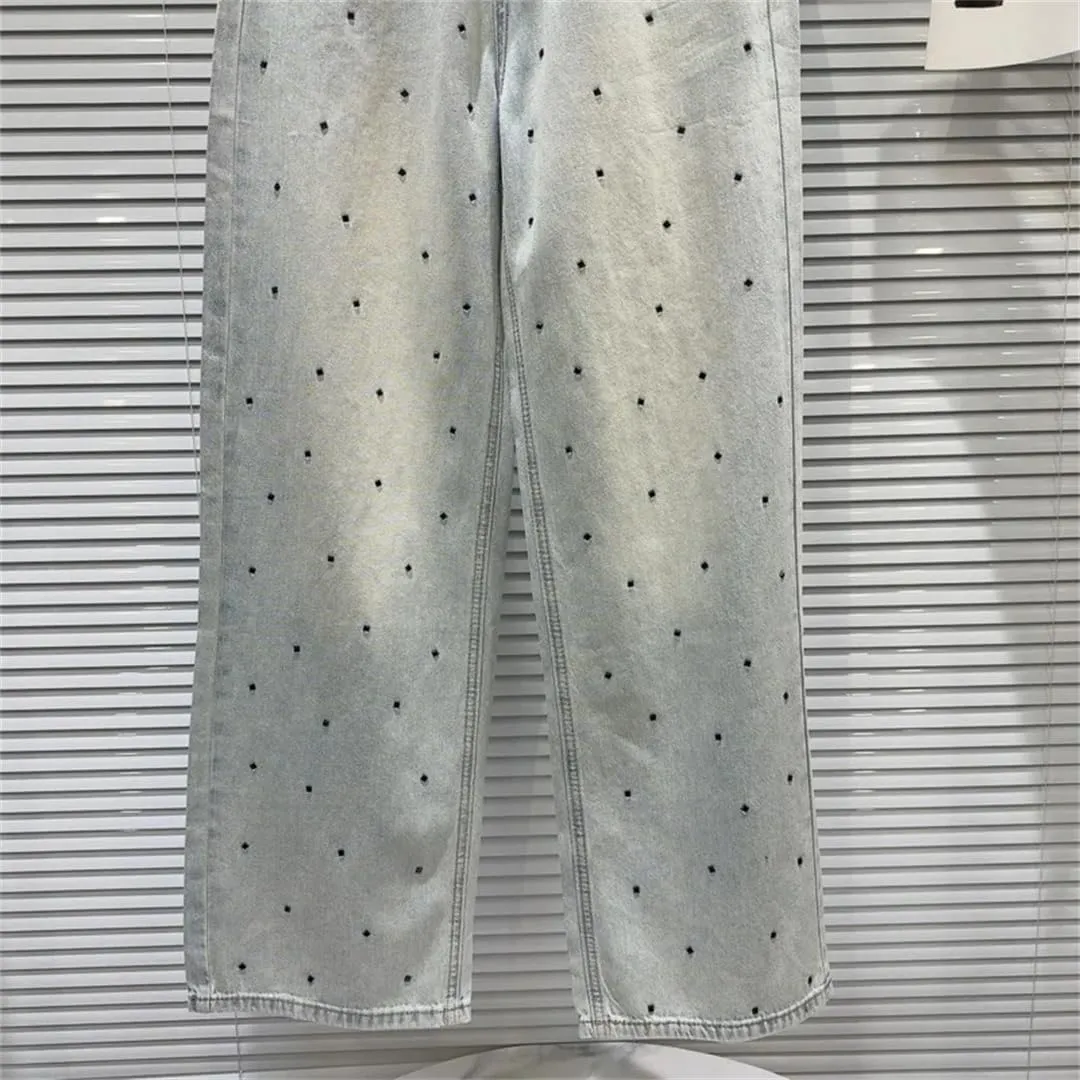 Women's Jeans Black Crystal Design Straight Wide Leg Causal Washed Denim Light Blue Pants