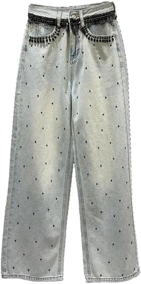 Women's Jeans Black Crystal Design Straight Wide Leg Causal Washed Denim Light Blue Pants
