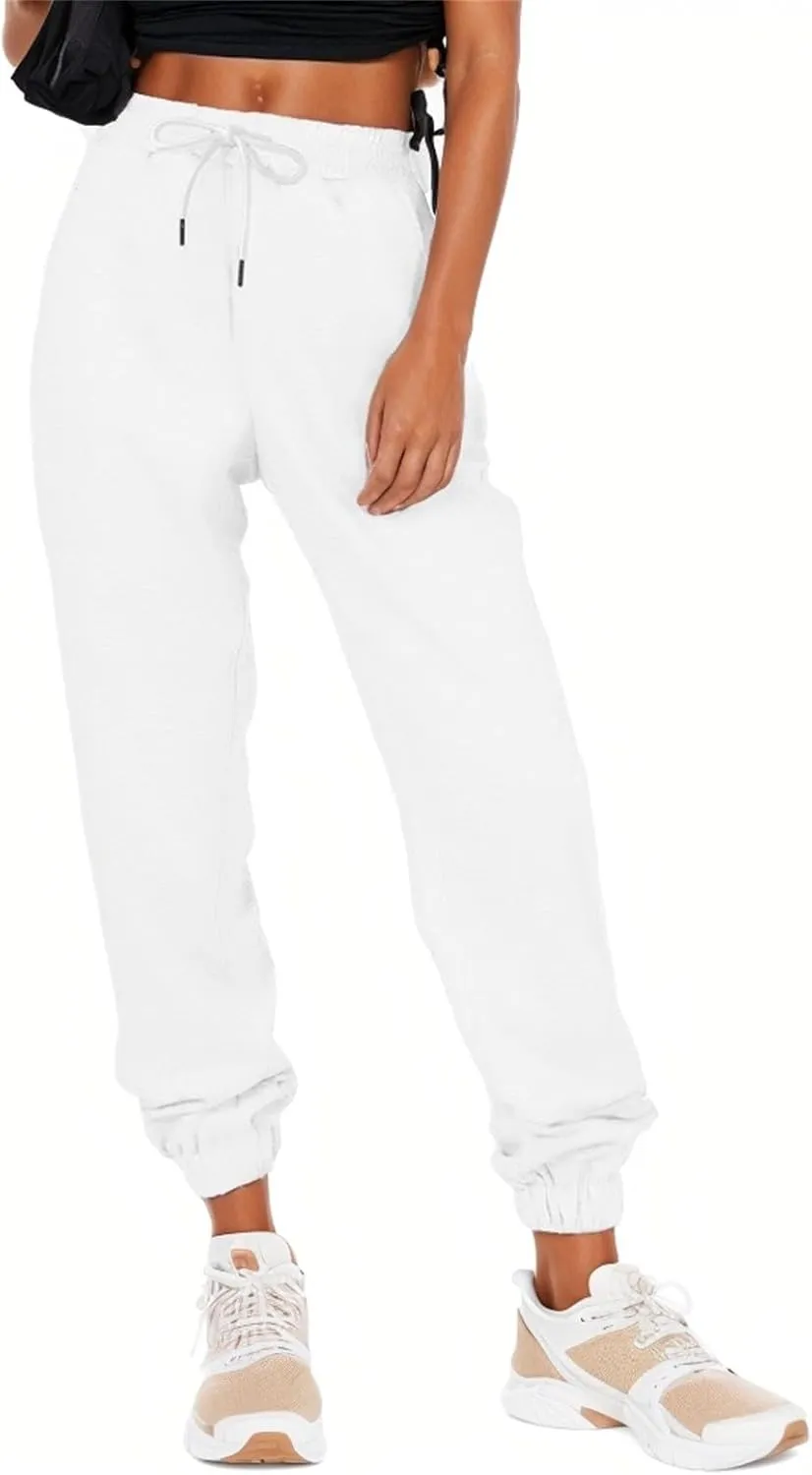 Womens Joggers with Pockets Elastic High Waisted Fleece Sweatpants Y2k Drawstring Athletic Lounge Sweat Pants