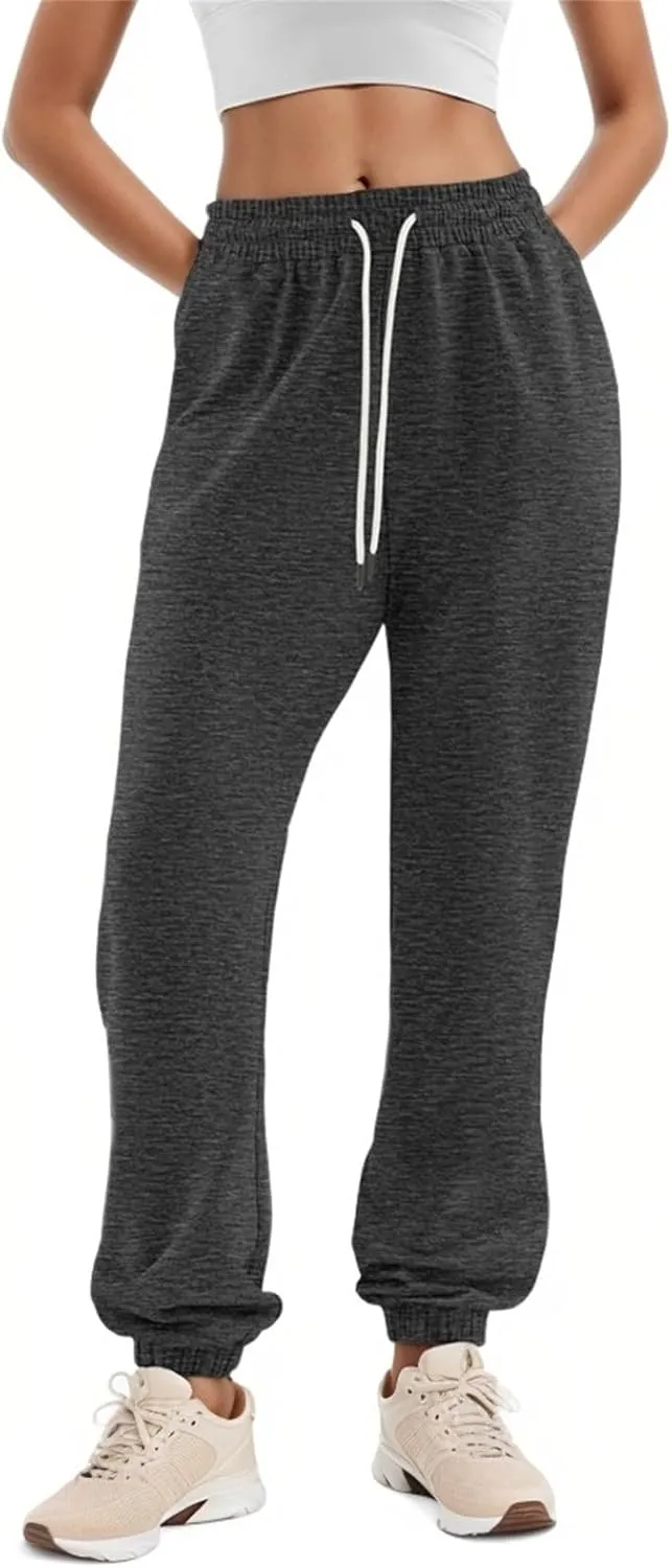 Womens Joggers with Pockets Elastic High Waisted Fleece Sweatpants Y2k Drawstring Athletic Lounge Sweat Pants