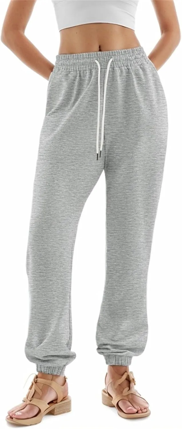 Womens Joggers with Pockets Elastic High Waisted Fleece Sweatpants Y2k Drawstring Athletic Lounge Sweat Pants