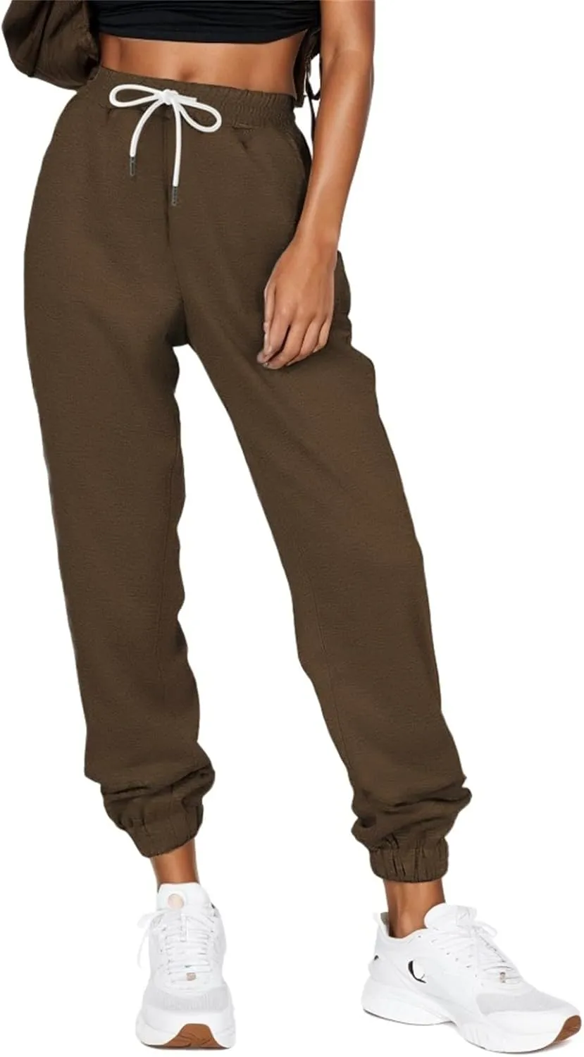 Womens Joggers with Pockets Elastic High Waisted Fleece Sweatpants Y2k Drawstring Athletic Lounge Sweat Pants