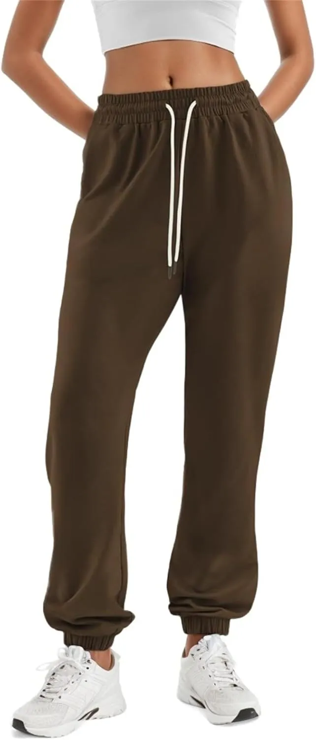 Womens Joggers with Pockets Elastic High Waisted Fleece Sweatpants Y2k Drawstring Athletic Lounge Sweat Pants