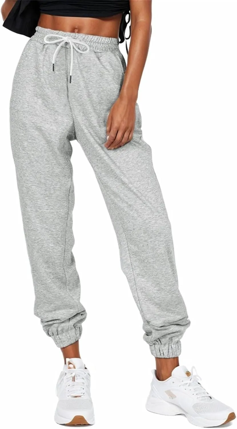 Womens Joggers with Pockets Elastic High Waisted Fleece Sweatpants Y2k Drawstring Athletic Lounge Sweat Pants