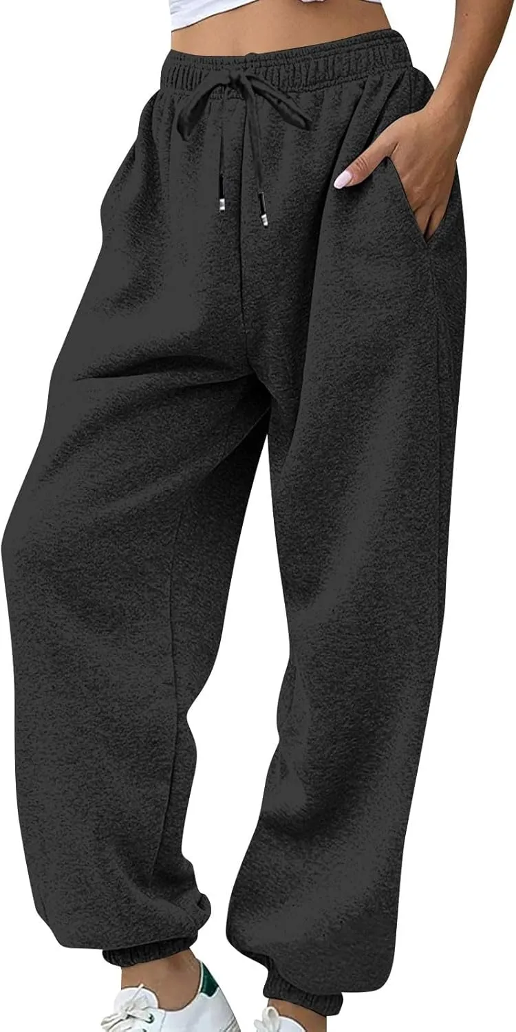 Womens Joggers with Pockets High Waisted Baggy Fleece Sweatpants Casual Drawstring Athletic Workout Jogging Pants