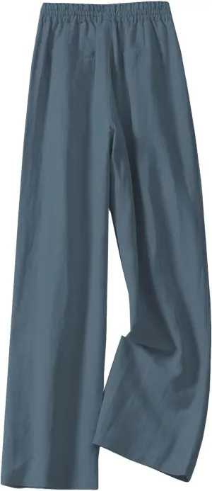 Women's Linen Palazzo Pants Casual Flowy Wide Leg Trouser Beach Ladies Baggy Straight Leg Boho Loungewear with Pocket