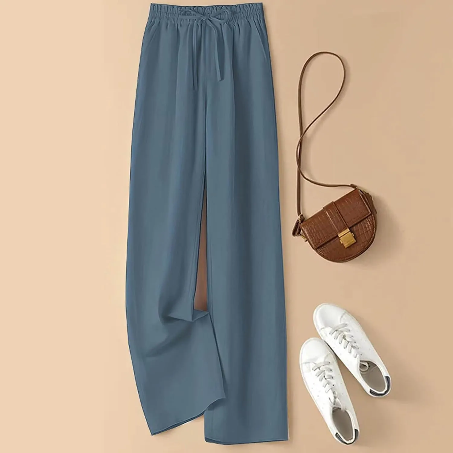 Women's Linen Palazzo Pants Casual Flowy Wide Leg Trouser Beach Ladies Baggy Straight Leg Boho Loungewear with Pocket