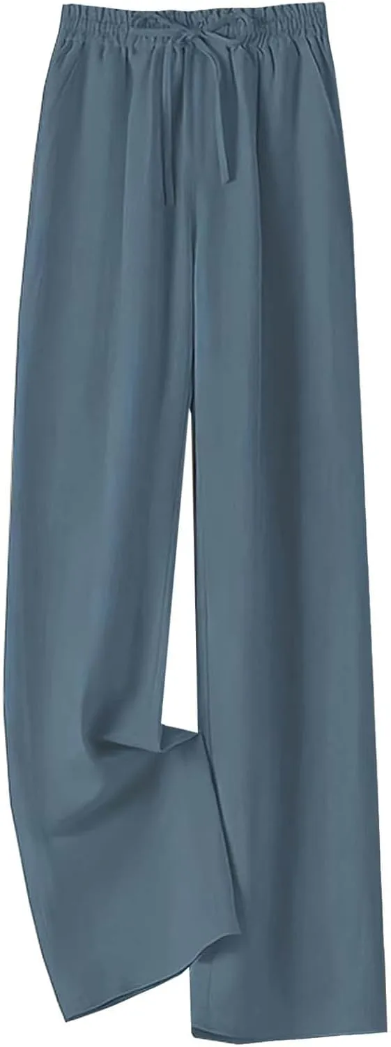 Women's Linen Palazzo Pants Casual Flowy Wide Leg Trouser Beach Ladies Baggy Straight Leg Boho Loungewear with Pocket