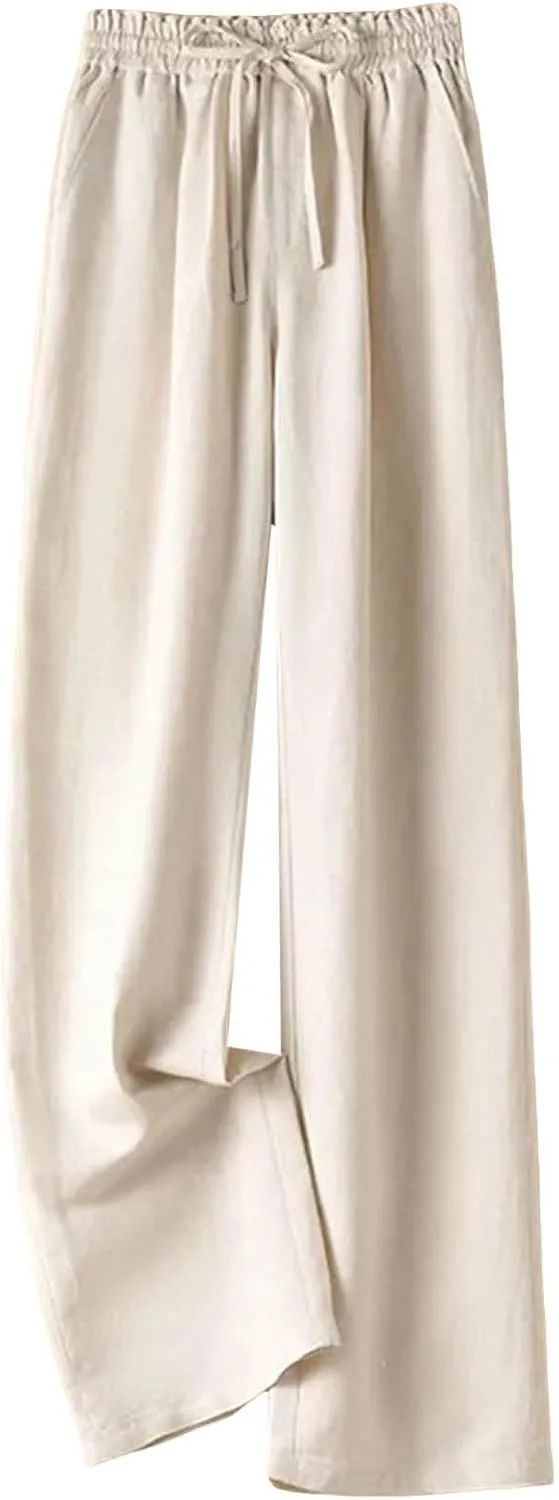 Women's Linen Palazzo Pants Casual Flowy Wide Leg Trouser Beach Ladies Baggy Straight Leg Boho Loungewear with Pocket