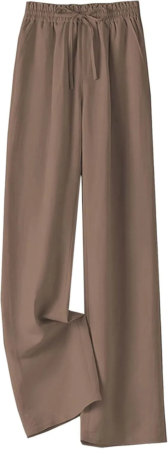 Women's Linen Palazzo Pants Casual Flowy Wide Leg Trouser Beach Ladies Baggy Straight Leg Boho Loungewear with Pocket
