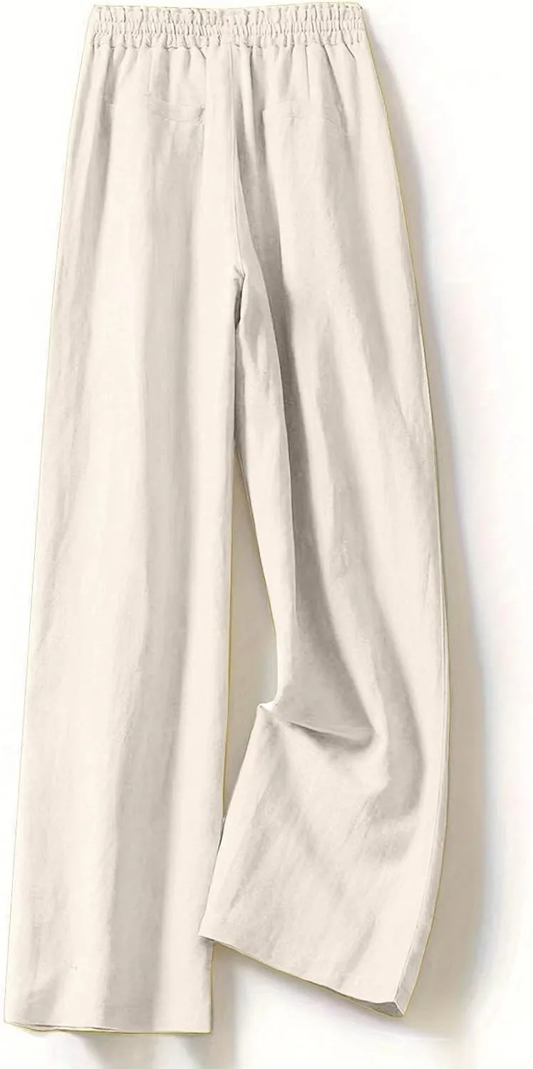 Women's Linen Palazzo Pants Casual Flowy Wide Leg Trouser Beach Ladies Baggy Straight Leg Boho Loungewear with Pocket