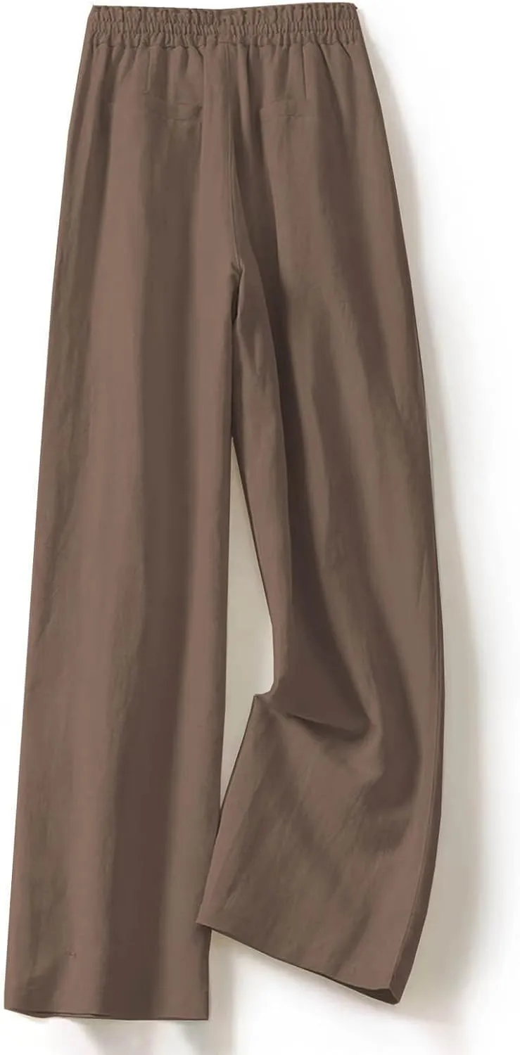 Women's Linen Palazzo Pants Casual Flowy Wide Leg Trouser Beach Ladies Baggy Straight Leg Boho Loungewear with Pocket