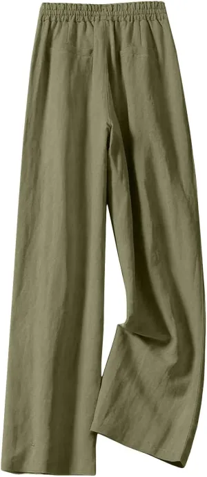 Women's Linen Palazzo Pants Casual Flowy Wide Leg Trouser Beach Ladies Baggy Straight Leg Boho Loungewear with Pocket