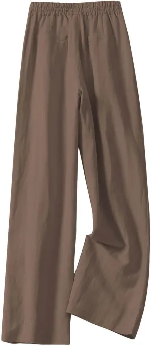 Women's Linen Palazzo Pants Casual Flowy Wide Leg Trouser Beach Ladies Baggy Straight Leg Boho Loungewear with Pocket