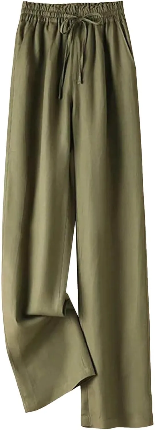 Women's Linen Palazzo Pants Casual Flowy Wide Leg Trouser Beach Ladies Baggy Straight Leg Boho Loungewear with Pocket