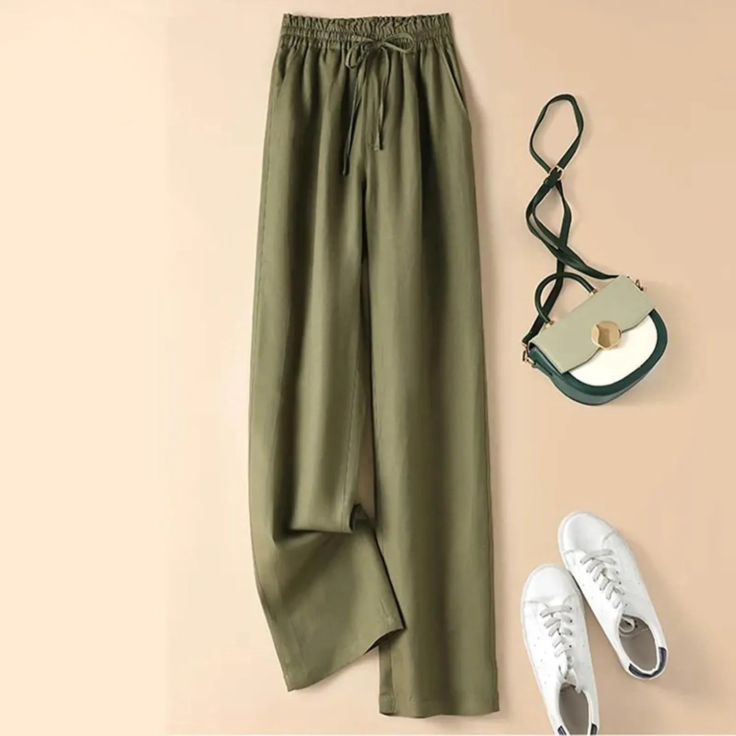Women's Linen Palazzo Pants Casual Flowy Wide Leg Trouser Beach Ladies Baggy Straight Leg Boho Loungewear with Pocket