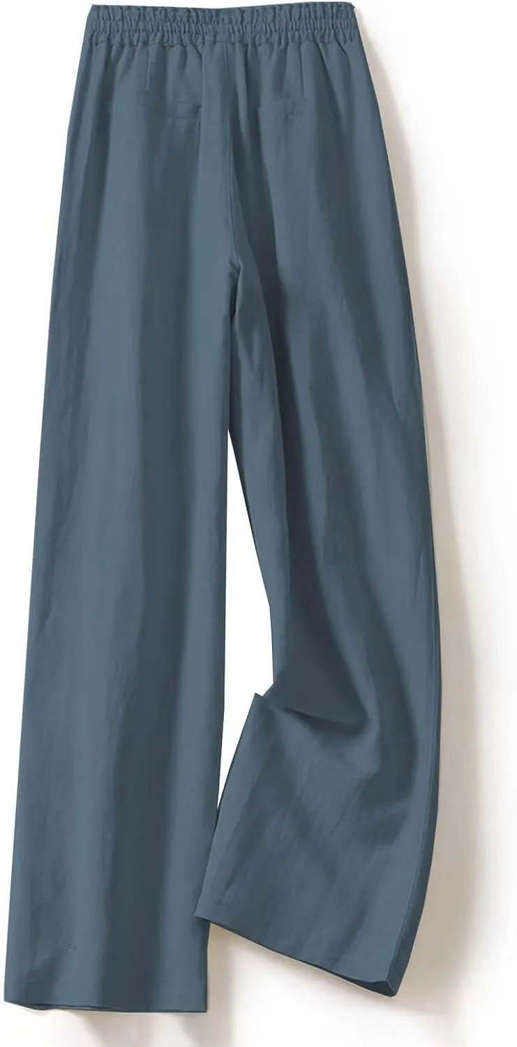 Women's Linen Palazzo Pants Casual Flowy Wide Leg Trouser Beach Ladies Baggy Straight Leg Boho Loungewear with Pocket
