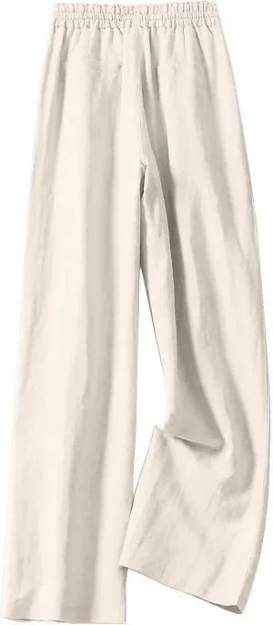 Women's Linen Palazzo Pants Casual Flowy Wide Leg Trouser Beach Ladies Baggy Straight Leg Boho Loungewear with Pocket