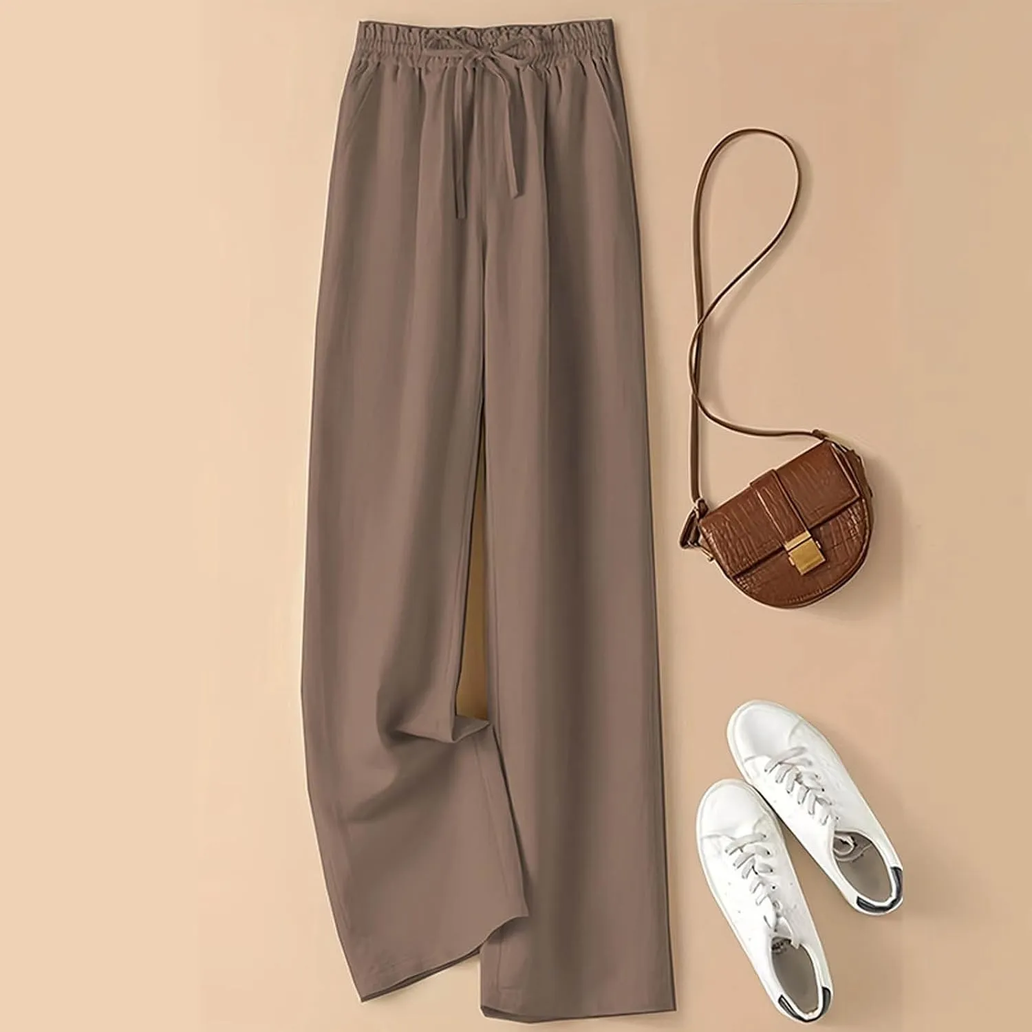 Women's Linen Palazzo Pants Casual Flowy Wide Leg Trouser Beach Ladies Baggy Straight Leg Boho Loungewear with Pocket