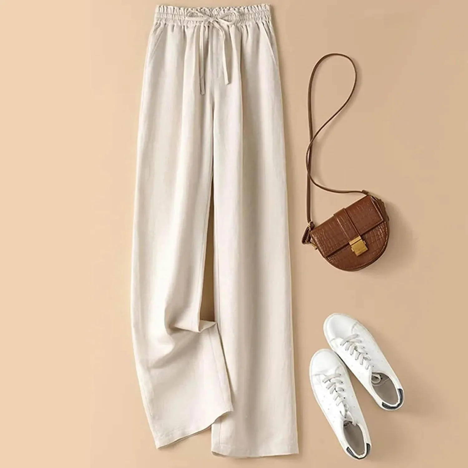 Women's Linen Palazzo Pants Casual Flowy Wide Leg Trouser Beach Ladies Baggy Straight Leg Boho Loungewear with Pocket