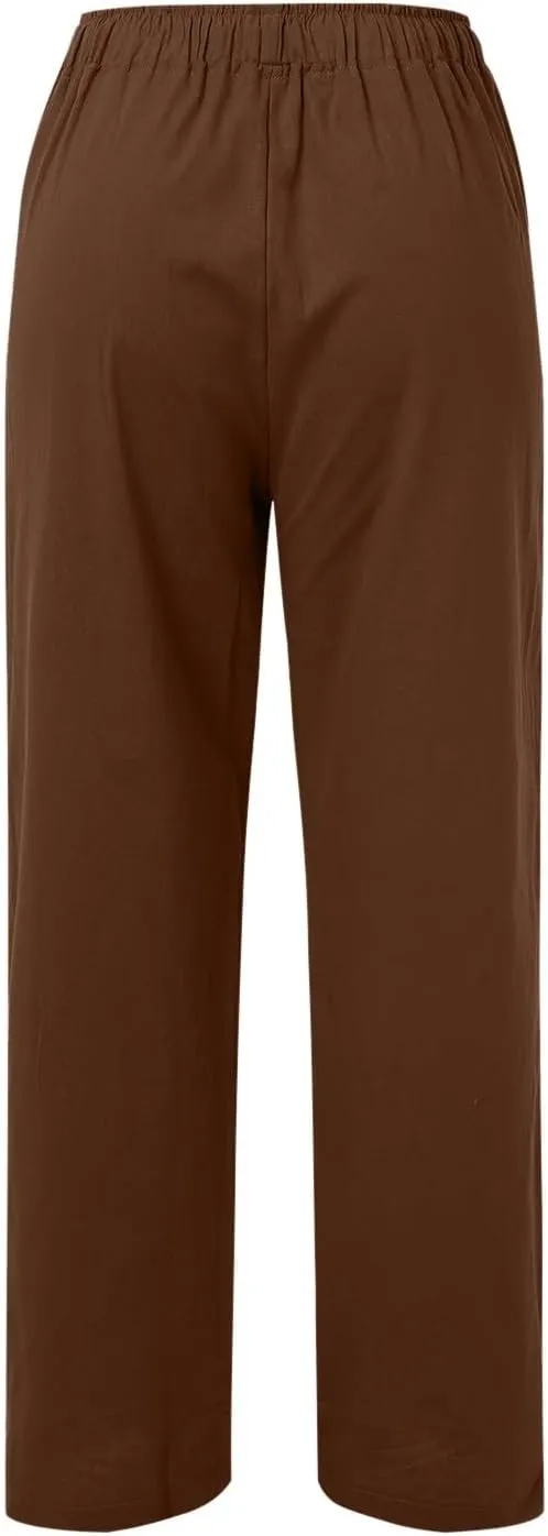 Womens Linen Palazzo Pants Drawstring Beach Flowy Pants Wide Leg Lightweight Summer Pants Cute Cotton Loose Trousers