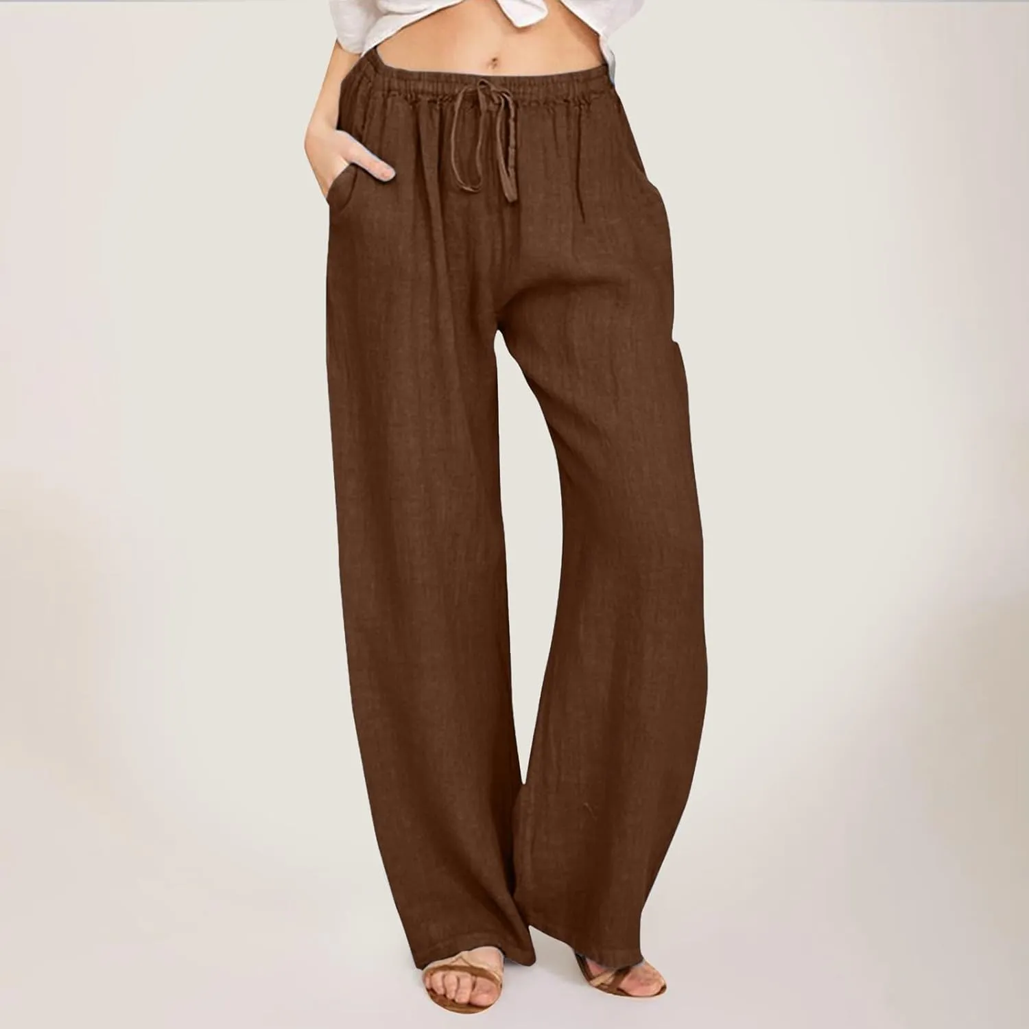 Womens Linen Palazzo Pants Drawstring Beach Flowy Pants Wide Leg Lightweight Summer Pants Cute Cotton Loose Trousers
